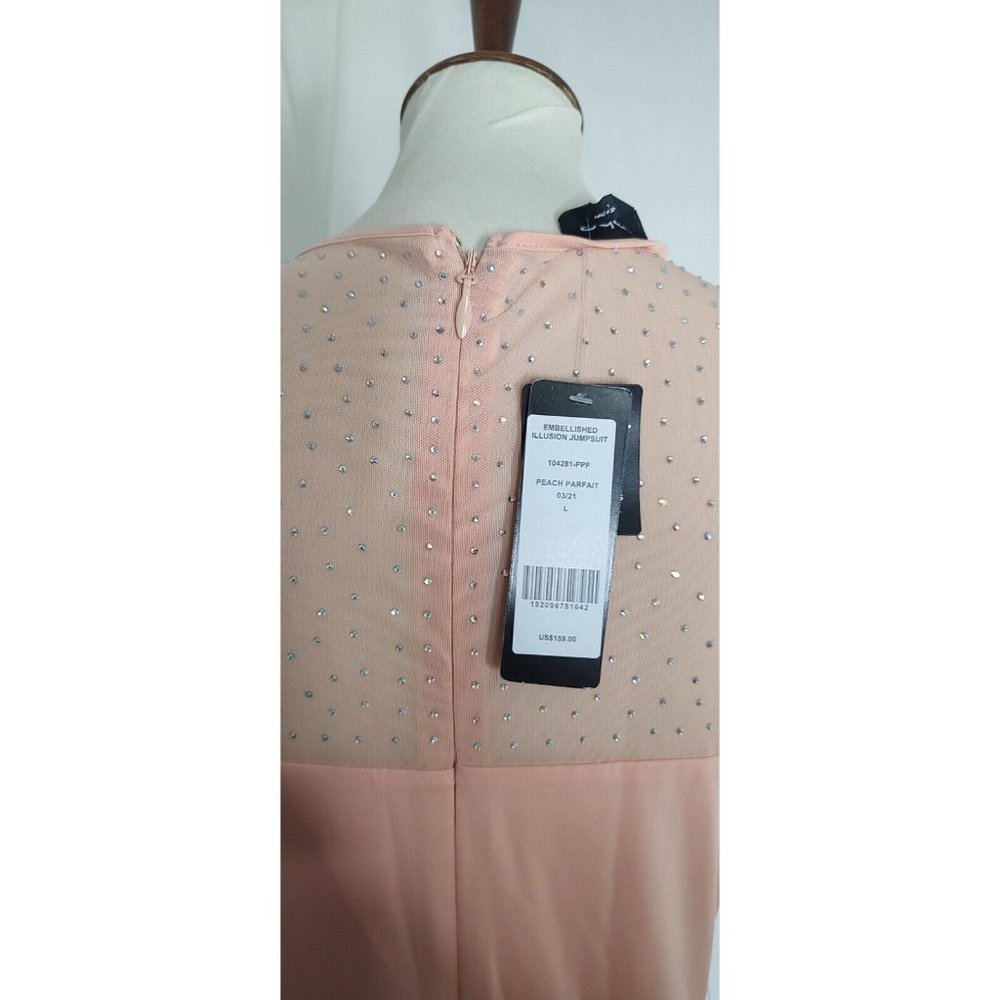 BEBE Jumpsuit L Peach Parfait Embellished Illusion Wide Leg Cocktail Stretch - Picture 9 of 12